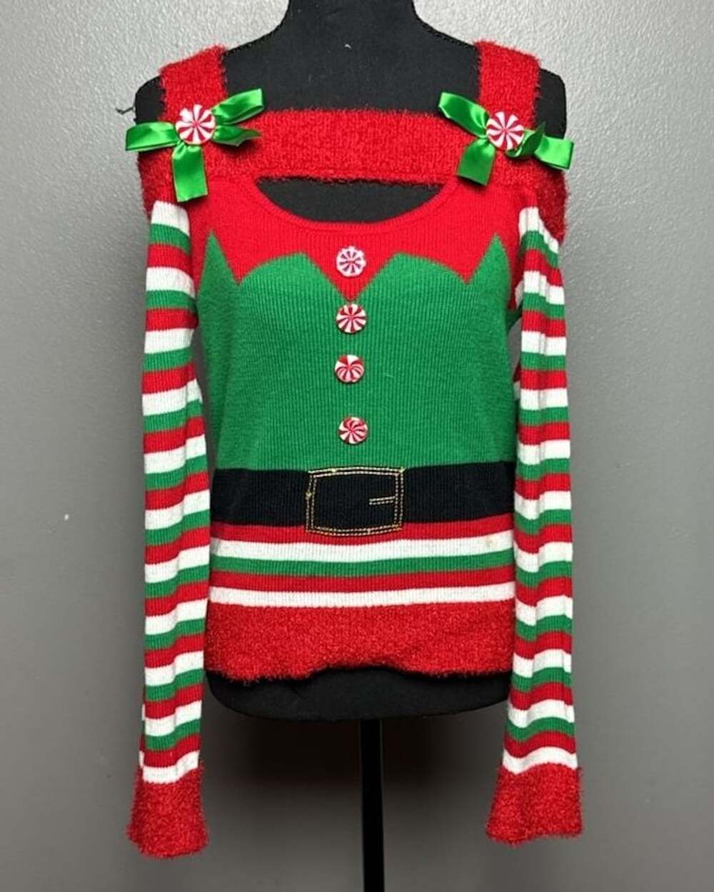 Planet Heart Juniors Elf Cold-Shoulder Christmas Sweater Dress Size L